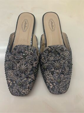 Atalina Hand-Beaded Blackand Beige Paisley Slip-On Mules
